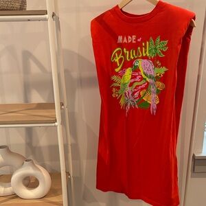 Farm Rio Red-Orange Padded Shoulder 'Made of Brasil' Graphic T-Shirt Dress Sz M